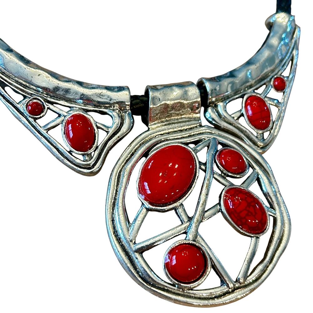 Vintage Southwestern Bib Necklace Red Faux Stone Silver Tone